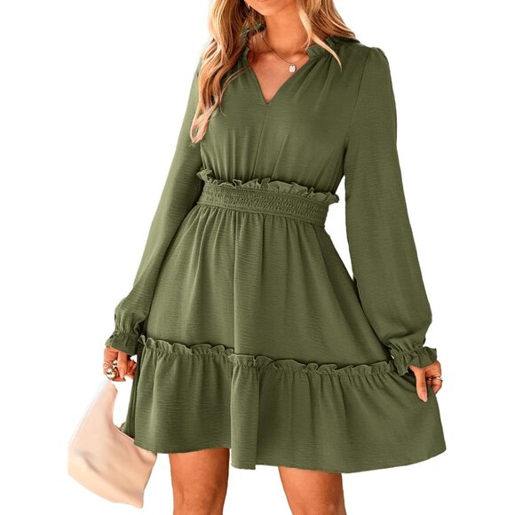 Women's Long Sleeve Mini Dress Ruffle V Neck High Waist Boho Casual Fall
